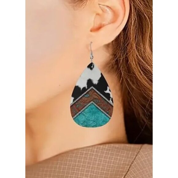 Boho Western Teardrop Earrings For Women Leather & Faux‎ Fur Turquoise/Brown NEW - Picture 2 of 3